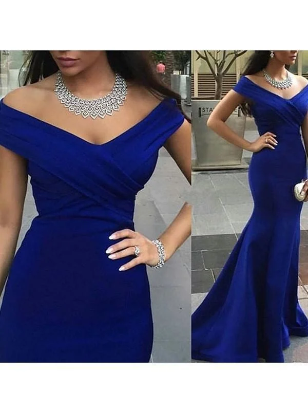 floor-length evening dress-Off-The-Shoulder Sleeveless Sweep/Brush Train With Ruched Dresses