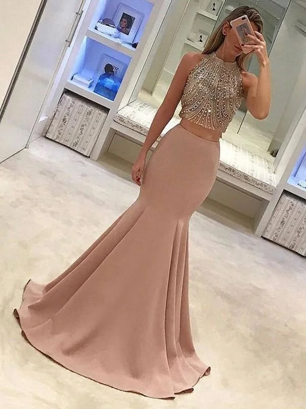 sequined evening dress-A| Bridelily High Neck Sweep/Brush Train Beading Two Piece Dresses