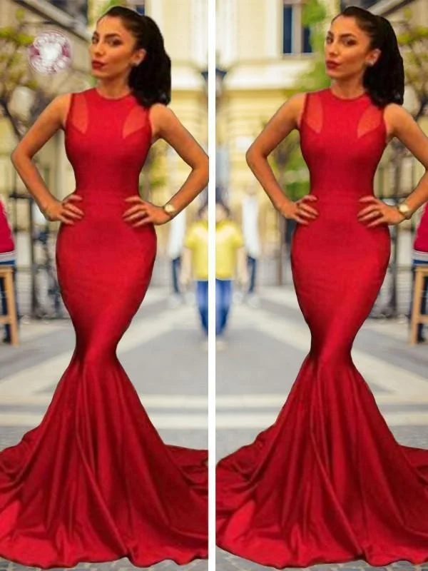 elegant lace evening dress-Bridelily Mermaid Sleeveless Jewel Court Train Satin Dresses