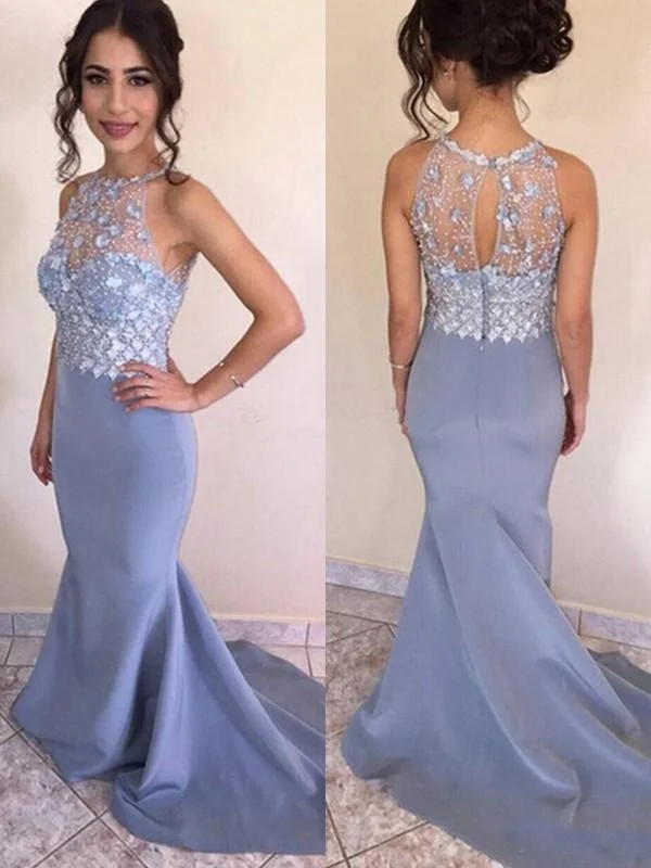 elegant long evening dress-Bridelily Mermaid Sleeveless Jewel Sweep/Brush Train Crystal Satin Dresses