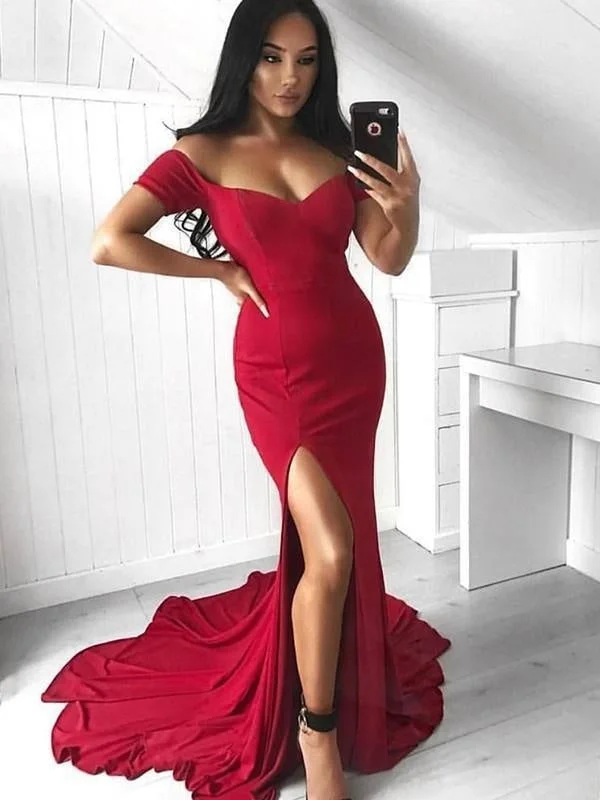 evening dress with train-Off-The-Shoulder Court Train With Ruffles Elastic Woven Satin Dresses