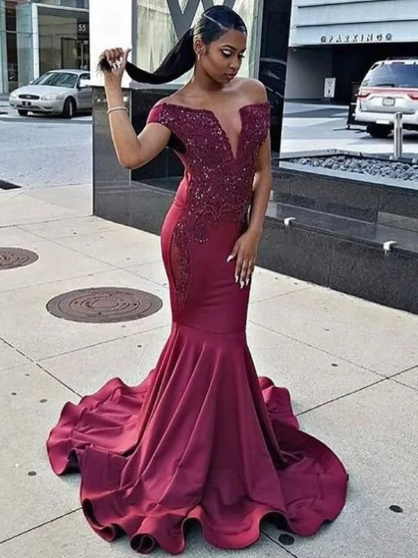 evening dress with high slit-Sleeveless Off-The-Shoulder Sweep/Brush Train Lace Satin Dresses