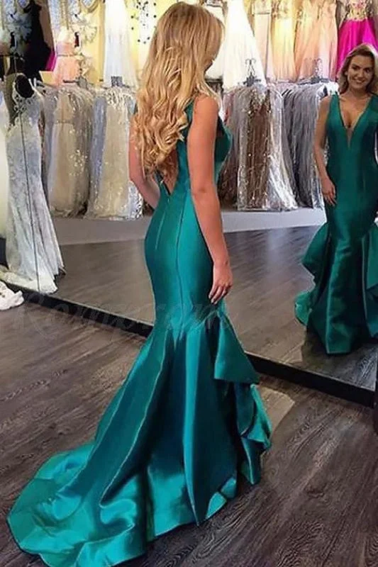 sparkling evening dress-Mermaid Sleeveless V-Neck Satin With Layers Sweep/Brush Train Dresses