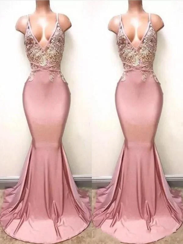 stylish evening dress-Mermaid Sleeveless V-Neck Sweep/Brush Train Lace Satin Dresses