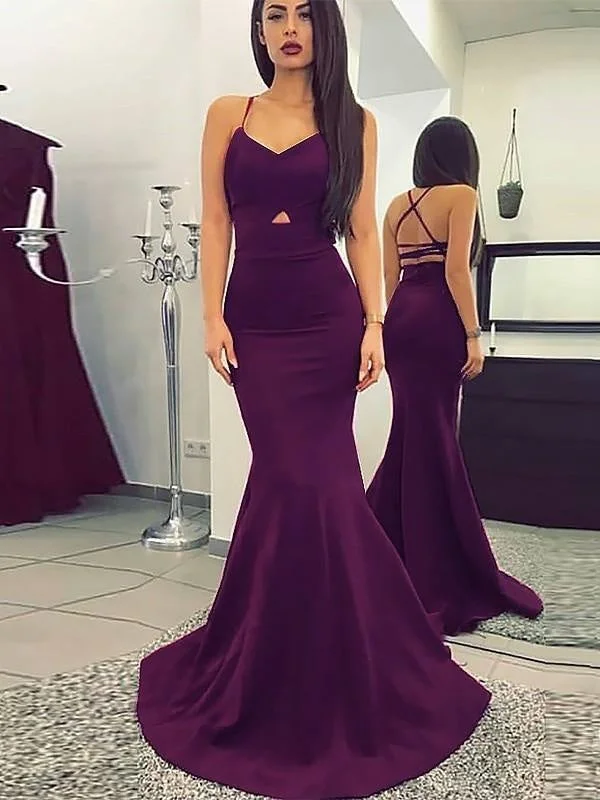 evening dress for prom-A| Bridelily Spaghetti Strap Ruched Sweep/Brush Train Satin Dresses