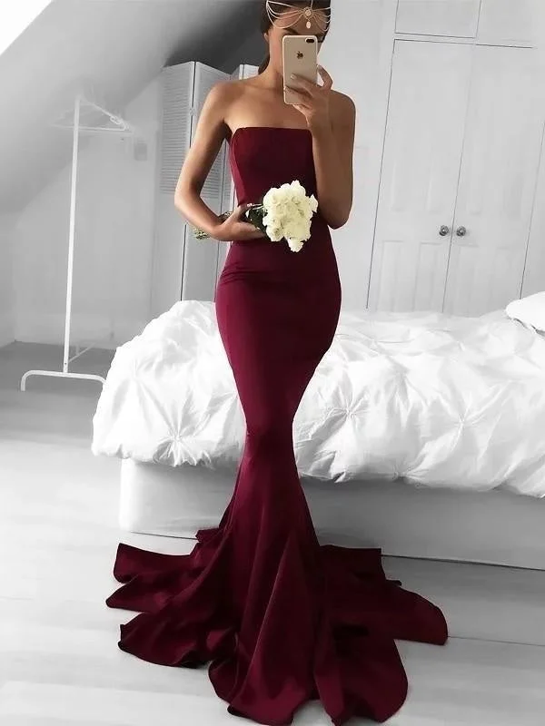 ball gown evening dress-A| Bridelily Mermaid Strapless Sweep Train Jersey Sleeveless With Ruffles Dresses