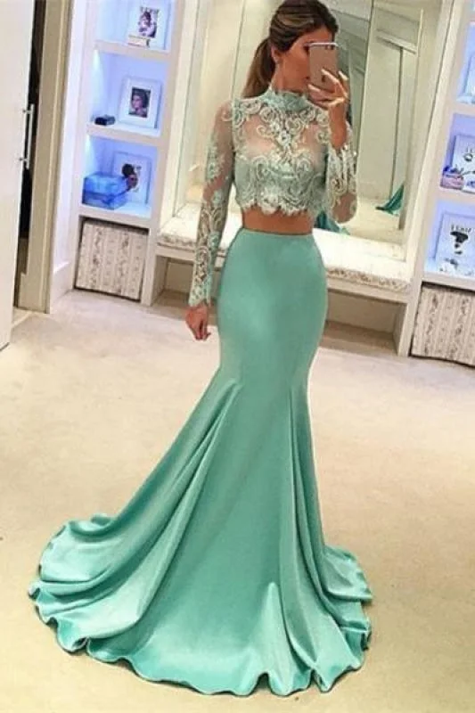 evening dress for prom-Bridelily Mint Long-Sleeves Two-Piece High-Neck Mermaid Long Prom Dresses