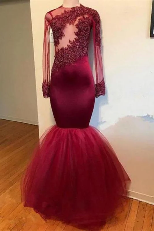 evening dress with beading-Bridelily Modest Lace Appliques Long Sleeve Prom Dress | Mermaid Prom Dress RM0 BA9195