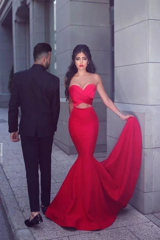 evening dress with illusion back-Bridelily New Arrival Sexy Mermaid Sweetheart Sleeveless Red Long Evening Dresses