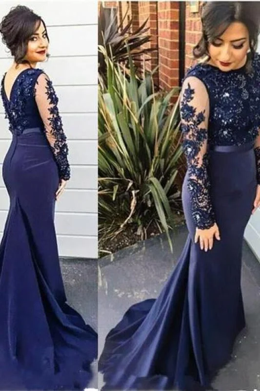 flared evening dress-Bridelily Delicate Lace Appliques Beading Prom Dress 2019 Mermaid Long Sleeve BA2728