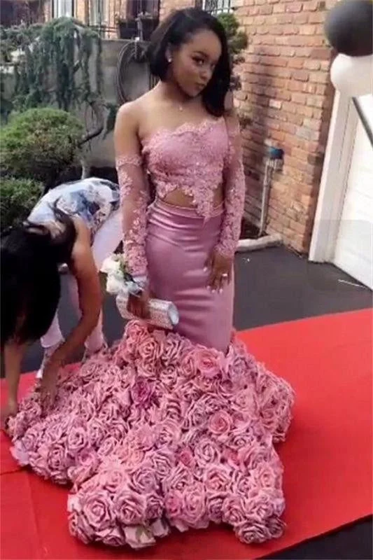 cap sleeve evening dress-Bridelily Long Sleeve Pink Lace Prom Dresses 2019 | Roses Bottom Off The Shoulder Mermaid Evening Dress Sexy FB0315