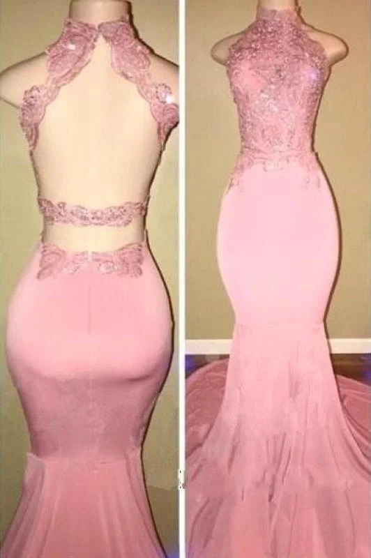 evening dress with pockets-Bridelily Pink High-Neck Mermaid Open-Back Long Prom Dresses