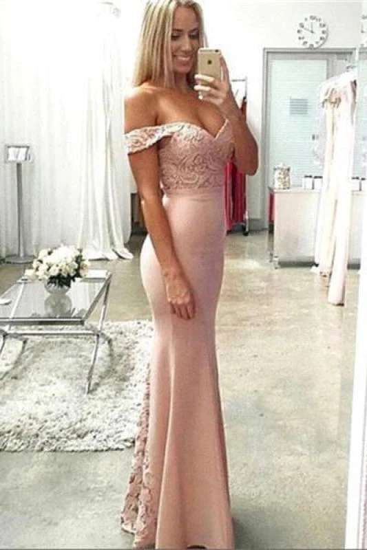 evening dress with sequins-Bridelily Pink Lace-Top Off-the-Shoulder Long Mermaid Prom Dresses