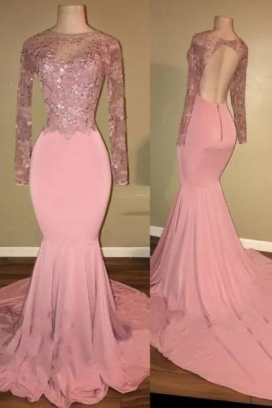 evening dress with sleeves-Bridelily Pink Long-Sleeves Backless Beaded Mermaid Shiny Prom Dresses