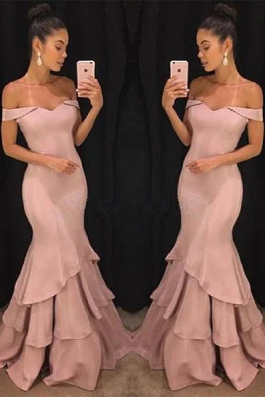 evening gown for women-Bridelily Pink Off-the-Shoulder Mermaid Prom Dresses 2019 Tiered Simple Evening Gowns SK0118-GA0