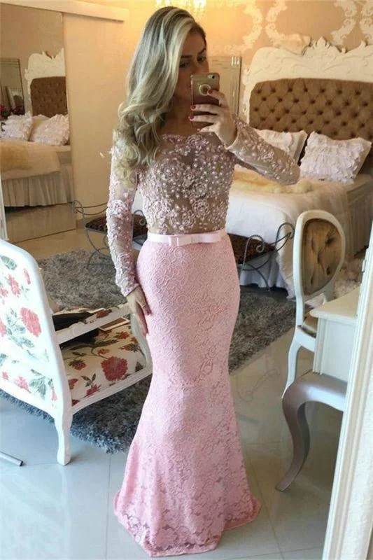 evening dress with train-Bridelily Pink Off-the-Shoulder Long-Sleeves Pearls Lace Mermaid Long Prom Dresses