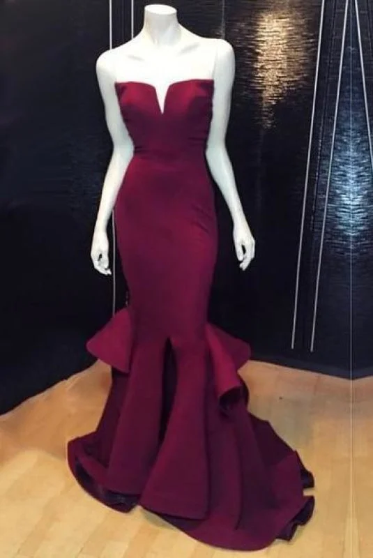 formal black evening dress-Bridelily Popular Burgundy Mermaid Long Evening Dress Sexy Simple Cheap Notched Slit Prom Gown CJ0397