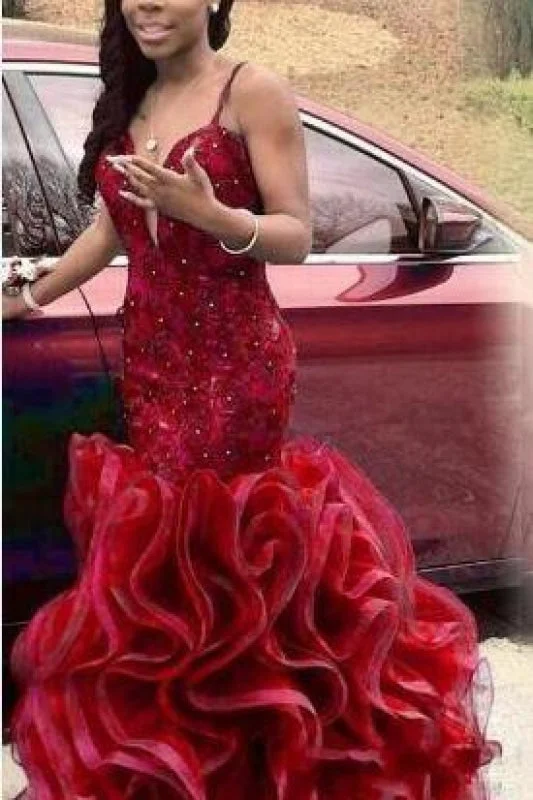 glamorous evening dress-Bridelily Red Beading Spaghettis-Straps Mermaid Open-Back Prom Dresses