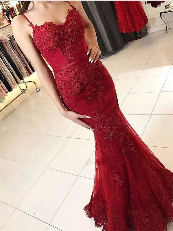 glittering evening gown-Bridelily Red Lace Appliques Prom Dress | 2020 Mermaid Formal Dress