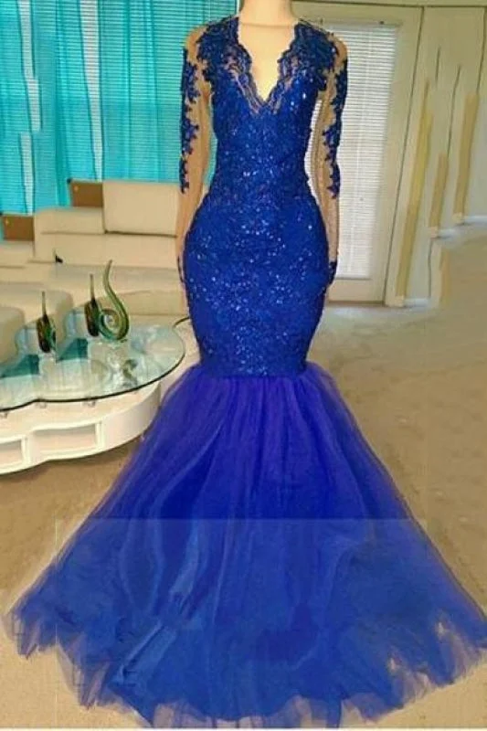 elegant mermaid evening dress-A| Bridelily Royal-Blue Long-Sleeve Beading Sequins V-neck Appliques Mermaid Tulle Prom Dresses