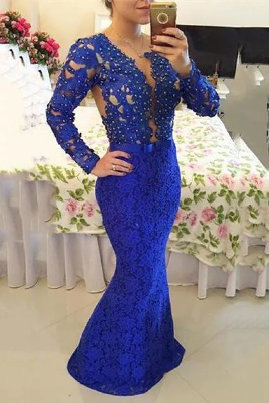 high-low evening dress-Bridelily Royal Blue Long Sleeves Lace Evening Gowns 2019 Mermaid Sheer Illusion Prom Dresses