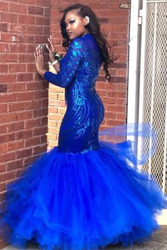 mermaid evening dress-Bridelily Royal-Blue Mermaid Prom Dress | Long Sleeve Sequins Party Gowns BK0