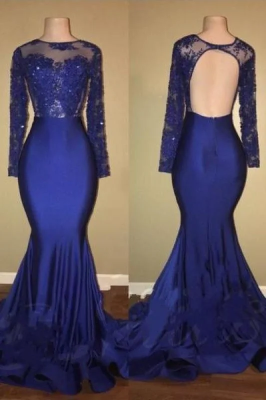 maxi evening dress-Bridelily Royal-Blue Mermaid Long-Sleeves Beaded Ruffles-Skirt Prom Dresses