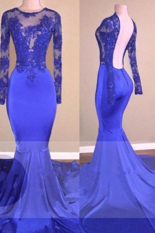 embroidered evening dress-A| Bridelily Sexy Backless Royal-Blue Long-Sleeves Beaded Mermaid Prom Dresses