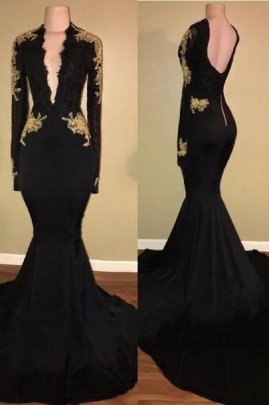 plus size evening dress-Bridelily Sexy Black Long-Sleeve Lace Mermaid Zipper Prom Dress