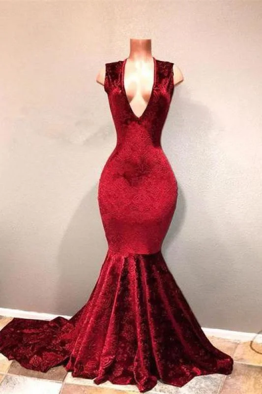 sparkling evening dress-Bridelily Sexy Burgundy Mermaid Prom Dresses | V-Neck Long Print Evening Gowns