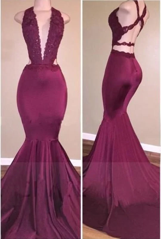 stylish evening dress-Bridelily Sexy Deep-V-Neck Beading Cross-Back Mermaid Prom Dresses