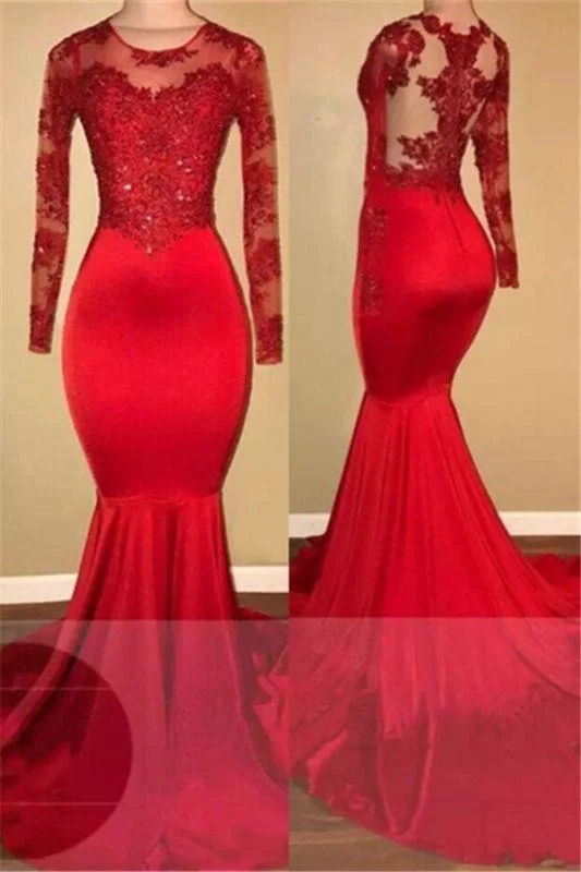 velvet evening dress-B| Bridelily 2020 Long Sleeve Mermaid Lace Tulle Prom Dresses