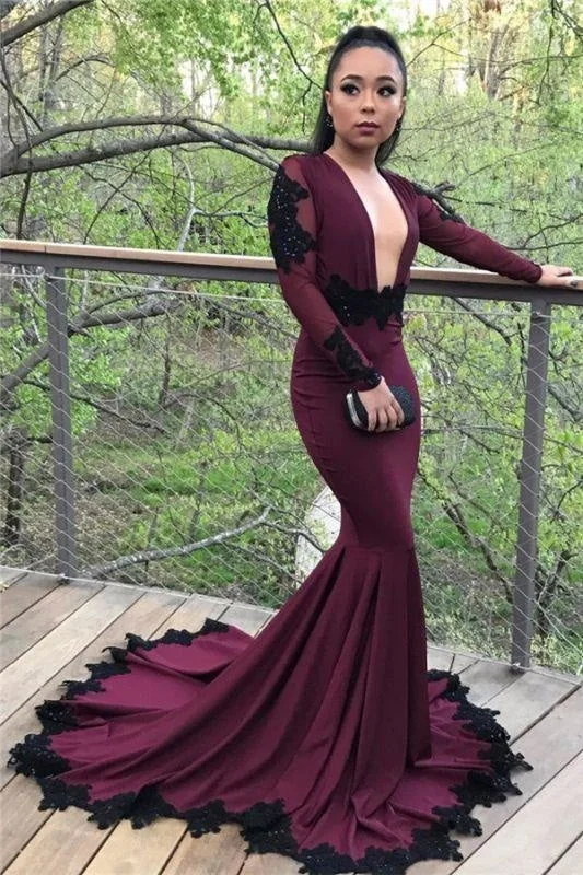 backless evening dress-Bridelily Sexy Mermaid Long Sleeves Prom Dresses 2019 Appliques Open Back Evening Dresses with Beadings SK0041