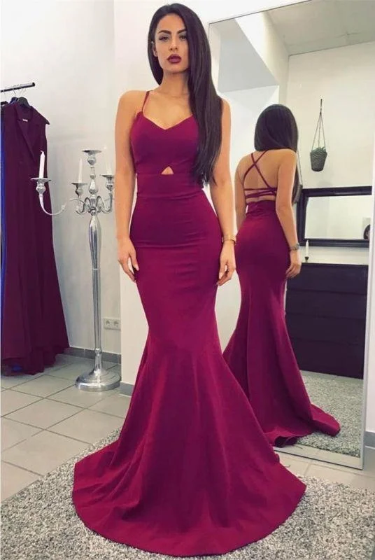 black evening dress-Bridelily Sexy Mermaid Prom Dresses Criss Cross Straps Long Evening Dresses Sweep Train