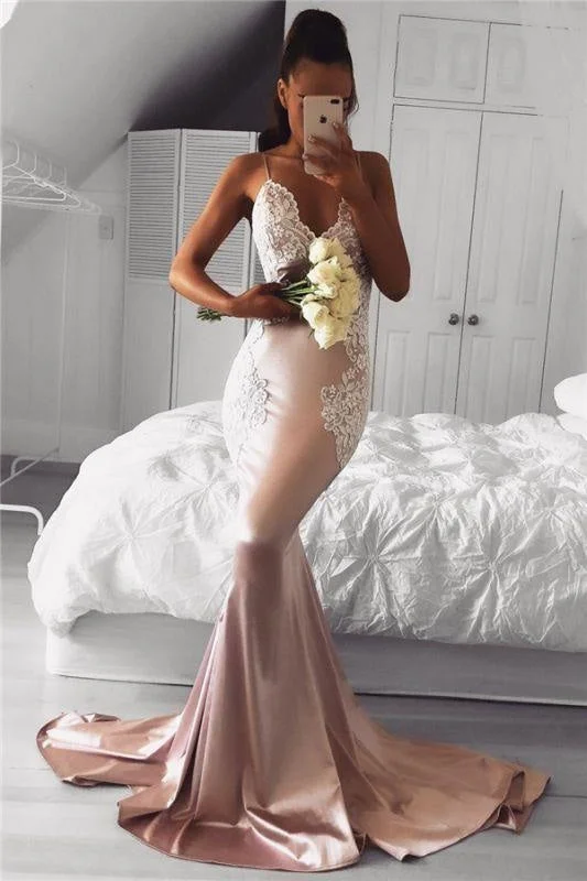 evening dress with lace overlay-Bridelily Spaghetti Straps V-neck Pink Prom Dresses Lace Mermaid 2019 Cheap Formal Evening Gown FB02019AN0