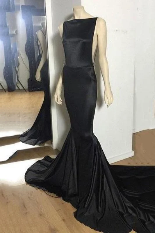 elegant black evening gown-Bridelily Sexy Open-Back Black Mermaid Long Court-Train Cheap Evening Dress