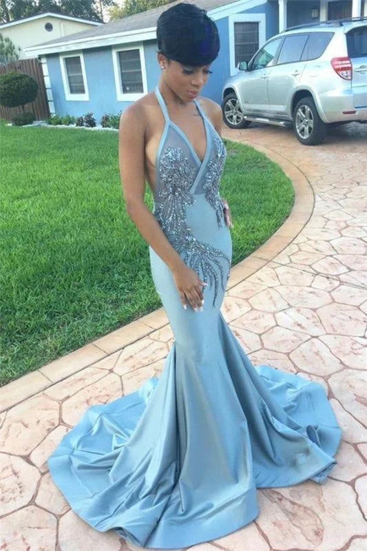 evening gown for women-Bridelily V-neck Halter Prom Dress | 2019 Mermaid Backless Evening Gowns BK0