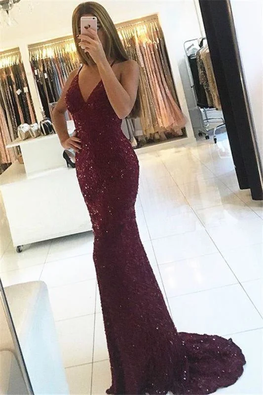 empire waist evening dress-Bridelily Shiny Mermaid Burgundy Prom Dresses 2019 V-neck Straps Backless Sequined Formal Dress