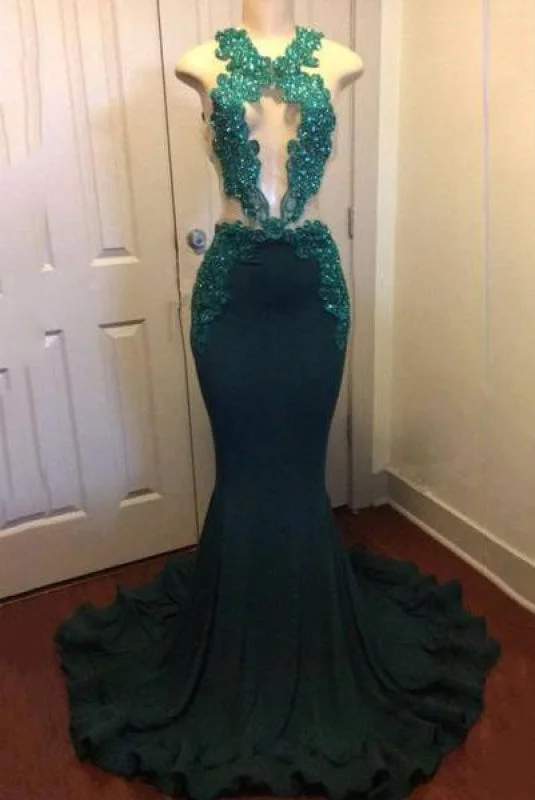 evening dress with side slit-Bridelily Dark Green Sexy Mermaid Crystals Prom Dress | Sparkling Appliques Open Back Real Evening Dress FB0325-MQ0