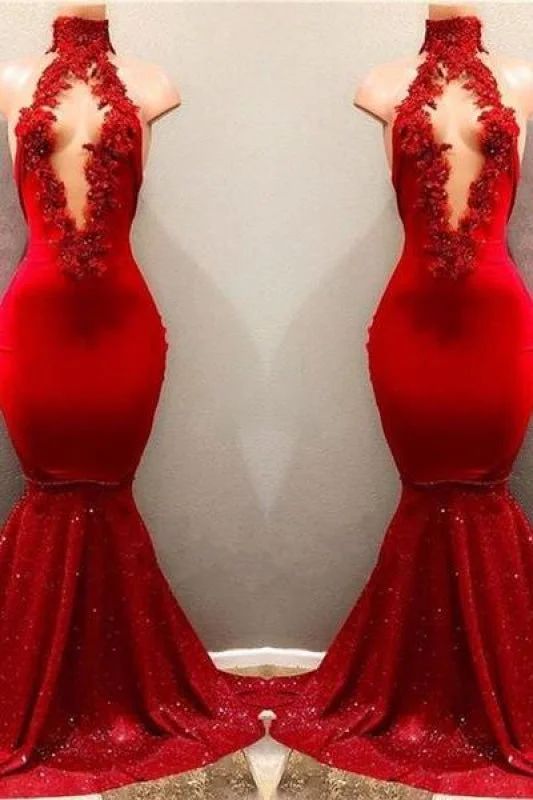 evening dress for weddings-Bridelily Shiny Red Mermaid Prom Dresses High Keyhole Neckline Evening Gowns