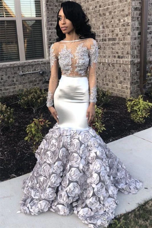 evening dress with back detail-Bridelily Silver FlowersPretty Prom Dresses 2019 | Long Sleeve Beads Lace Mermaid Graduation Dress FB0371