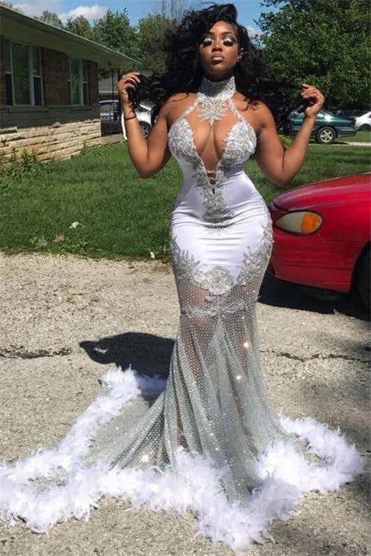 evening dress with belt-Bridelily Silver Mermaid Ombre Prom Dresses 2020 with Feather