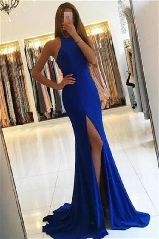 evening dress with illusion back-Bridelily Simple Royal-Blue Mermaid Prom Dresses 2019 Side Slit Halter Evening Gowns SK0016