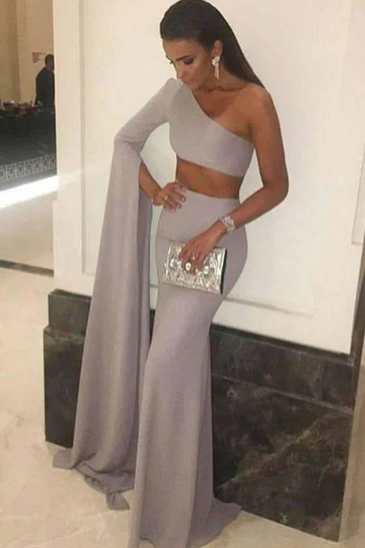 evening dress with scalloped hem-Bridelily Stunning Two-Pieces One-Shoulder Mermaid Floor-Length Prom Dress