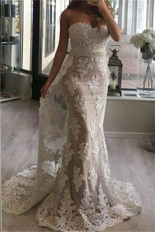 elegant lace evening dress-Bridelily 2019 Tulle Appliques Pearl Prom Dresses Mermaid Beaded Sweetheart with Train