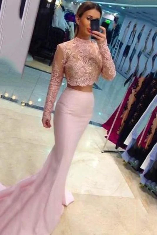 evening dress with slit-Bridelily Two-Piece Lace Long-Sleeves High-Neck Mermaid Prom Dresses