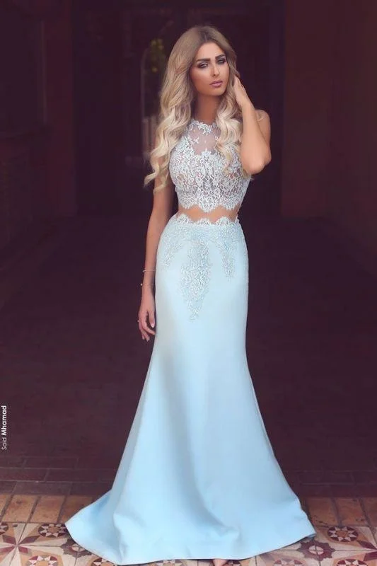 evening dress with illusion neckline-Bridelily New Arrival Two Pieces Mermaid Lace Applqiues Prom Dresses Sleeveless