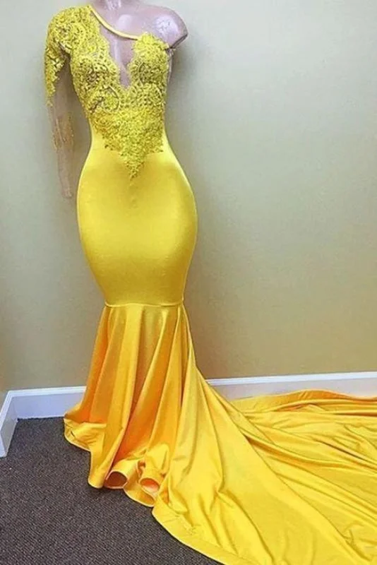 glamorous evening dress-Bridelily Yellow one shoulder mermaid prom dress, lace evening dresses 2019