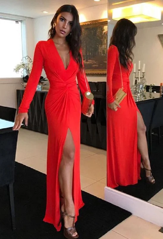 vintage-inspired evening dress-Bright Red Split Side Prom Dresses under 100