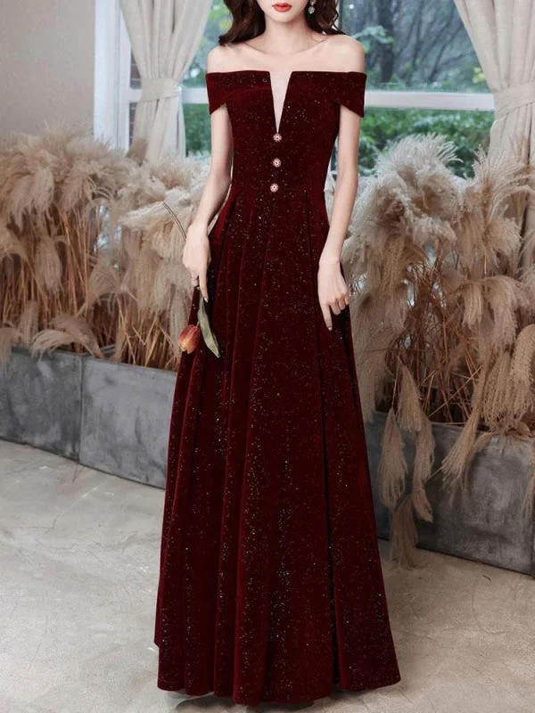 long sleeve lace evening dress-Burgundy Evening Dress A-Line Bateau Neck Short Sleeve Lace Up Buttons Korean Velvet Floor Length Formal Party Dresses